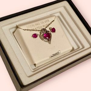 Sterling Silver Heart Necklace Earring Set with Created Ruby Stones Girlfriend